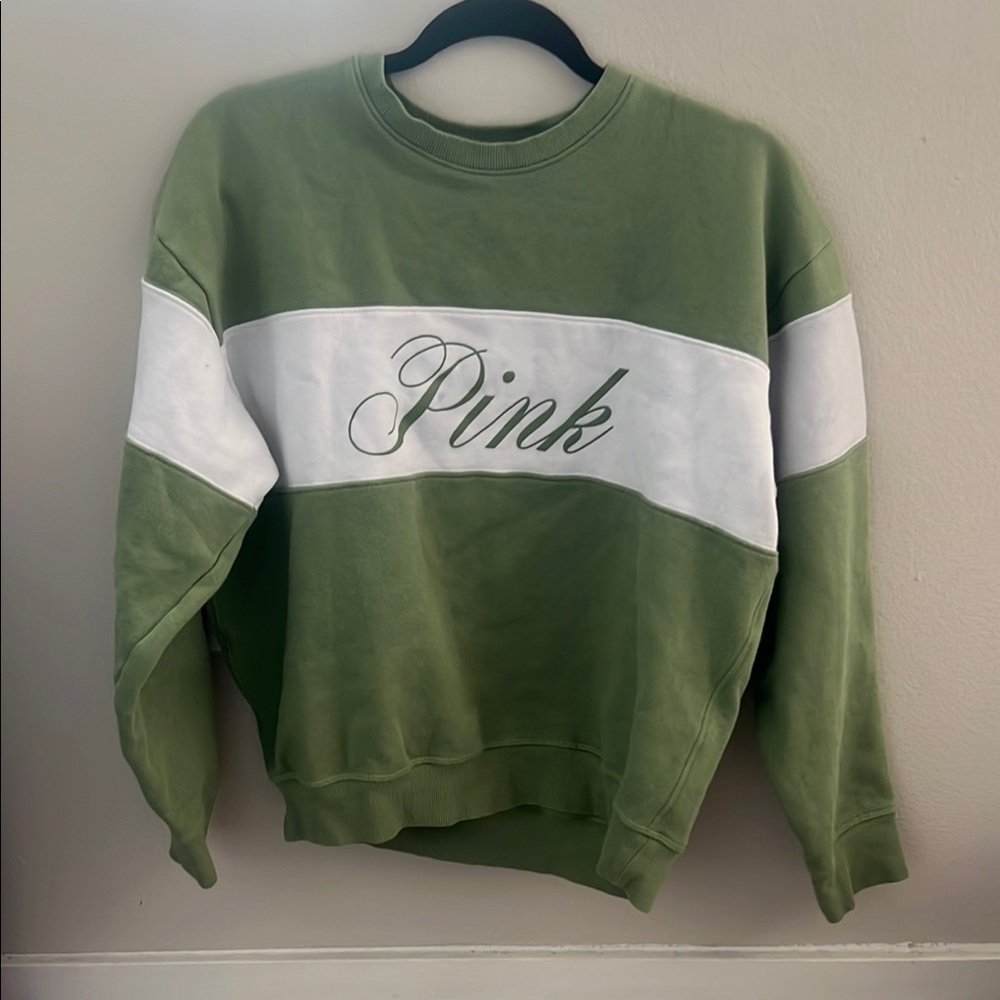 PINK Victoria's Secret Green and White Crewneck Sweater